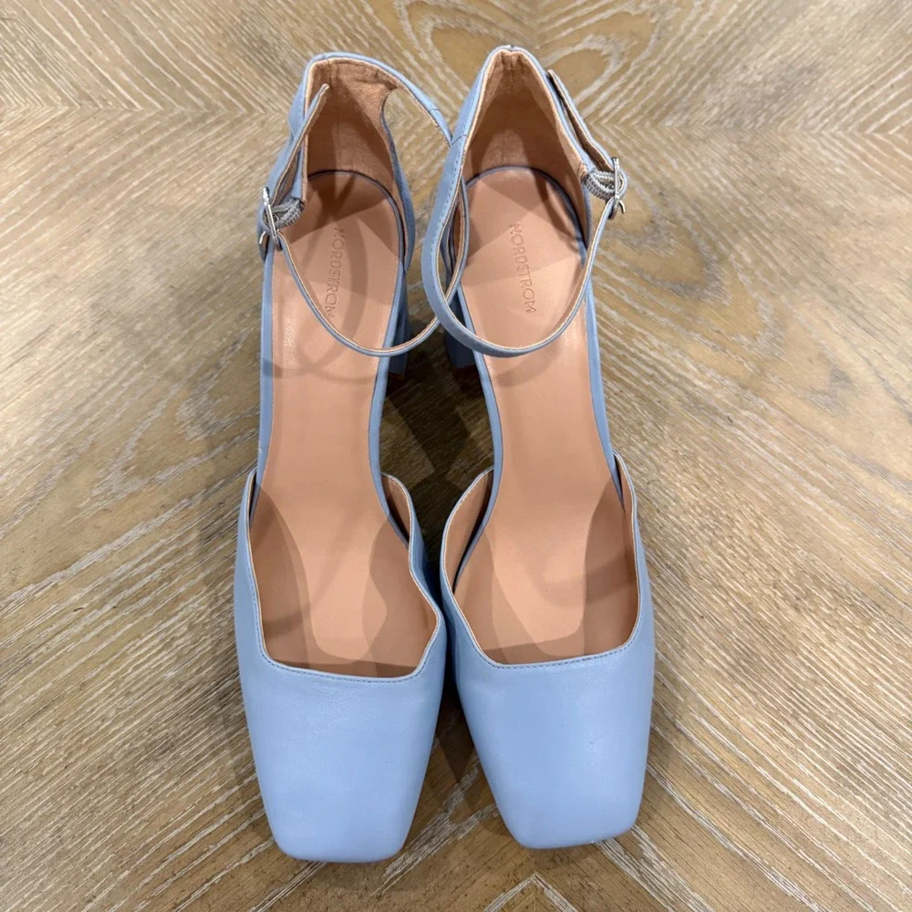 Nordstrom Katrina Leather Ankle Strap Block Heel Pumps Blue 13M NWOB